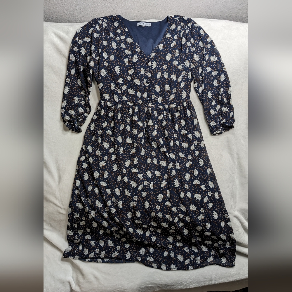 Piper and Scoot Navy Floral Midi Dress, Size M